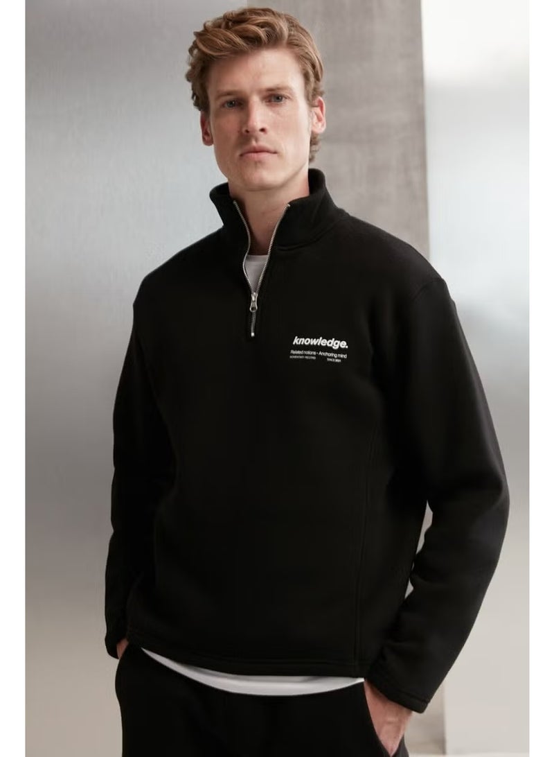 GRIMELANGE Halden Men's Polar Fleece Stand Collar Half Zipper Printed Detail Regular Black Sweatshirt - Image 3
